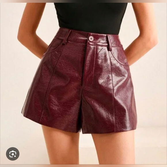 Anewsta Pants - Women's Burgundy Faux Leather Shorts